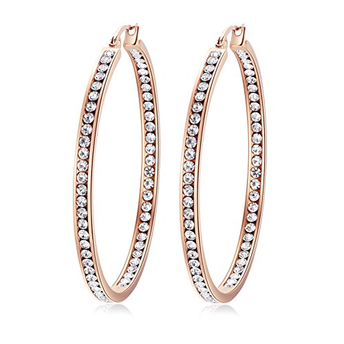 CiNily Ladies Earring Hoops-Large Hoops Rose Gold Plated Hoop Earrings for Women White Cubic Zirconia Big Hoop Earrings Hypoallergenic for Sensitive Ears