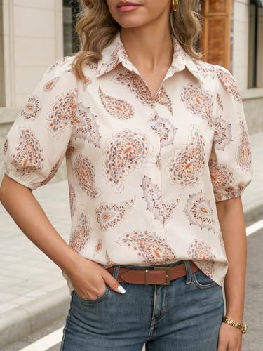 Image of Tankaneo Women's Button Down Shirts Short Puff Sleeve Collared Dressy Casual Blouse Tops