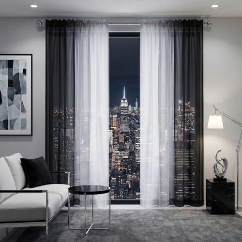 Melodieux Voilage Rideau Transparents Ombrés Lot de 2, 140x175cm Noir/Blanc