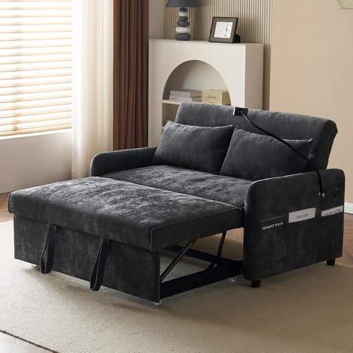 Dolamaní Sofá cama 3 en 1 con cojín, sofá cama plegable con función de dormir, respaldo ajustable de 3 niveles, sofá de chenilla con soporte para teléfono móvil y puerto de carga USB (gris)