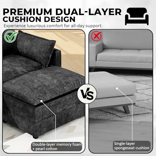 Image of LEVELEVE 147 inch U-Shape Modular Sofa with 2 Ottomans, Deep Seat Cloud Convertible Sleeper, 2 Arm Pillows, Comfortable Large Upholstered Furniture for Living Room Apartment, Black