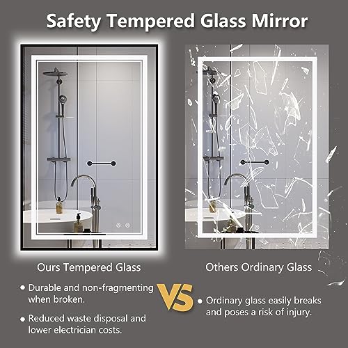 Image of LED Bathroom Mirror with Front and Backlit 24 inchx36 inch, Black Frame, Wall Mounted, Dual LED Strips, Fogless, Dimmable, 3 Color Changing, Shatterproof, Horizontal /Vertical