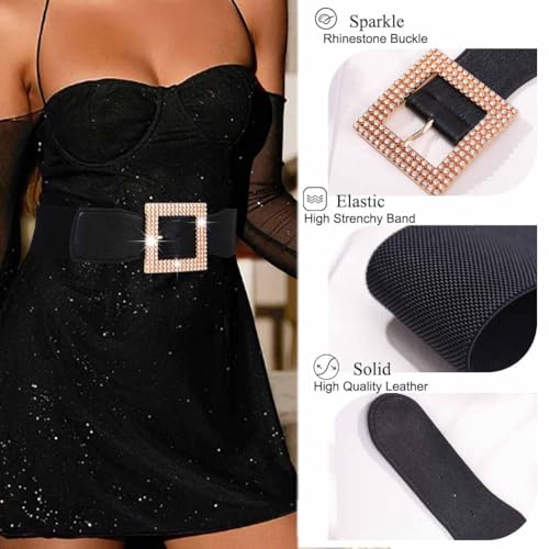 Rhinestone Lady Belt Wide Elastic Dress Belts Crystal Stretch Waistband Cinch High Waist Square Buckle Belts for Women4