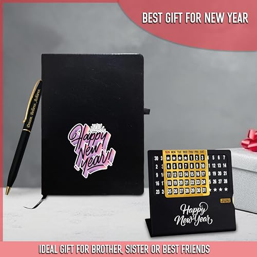 Image of Savri New Year Hamper - Pen with 'Dream. Believe. Achieve.' Quote Engraved, Diary & Infinity Calendar with 'Happy New Year' Engraved -Premium for Professionals, Employees, Corporate, Men & Women (Black)