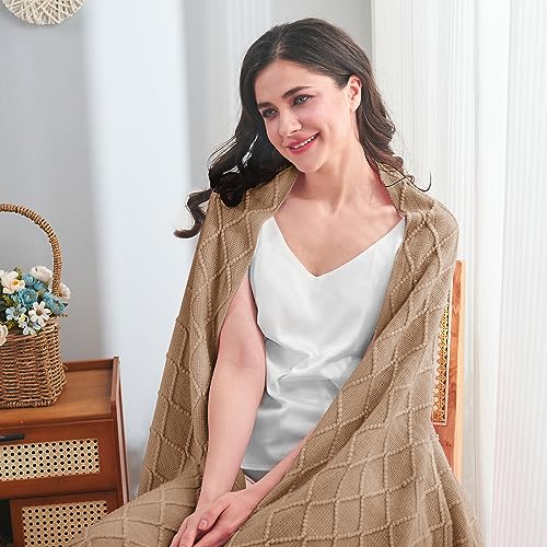 inhand Knitted Throw Blankets for Couch and Bed, Soft Cozy Knit Blanket with Tassel, Khaki Lightweight Decorative Blankets and Throws, Farmhouse Warm Woven Blanket for Men and Women, 50"x60"