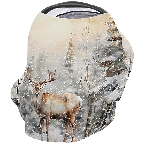 Nursing Cover for Breastfeeding Scarf, Merry Christmas Watercolor Deer Forest Baby Car Covers Super Soft Multi Use for Canopy Shopping Cart Cover Blanket Stroller Cover