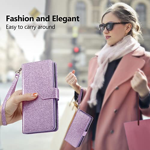 Varikke Iphone 13 Wallet Case - 9 Card Holder, Magnetic Detachable Cover, Kickstand Strap, Glitter Pu Leather, Light Purple #TOP4