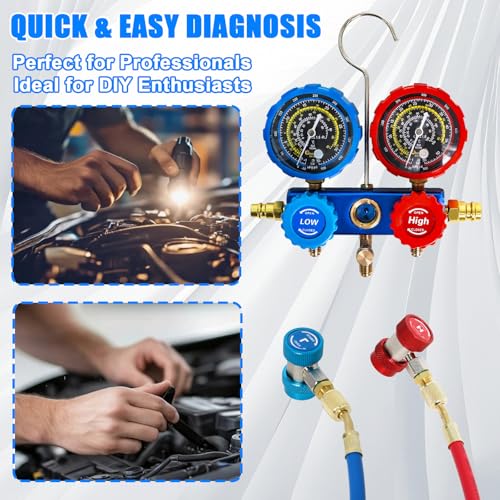 AC Gauge Set, AC Manifold Gauge Set for R134a R12 R22 R502 Refrigerant, 3-Way Car A/C Gauge Set with 3.6FT Hoses Adapter Couplers and Can Tap Freon Recharge Kit by MCCKLE — view 5