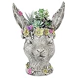 Sungmor Bobby Rabbit Head Planter - Premium Resin & 14.6' Tall Large Garden Pot - Lovely Animal Figurine Ornament Plant Container - Hand-Painted Decorative Plant Pot Indoor Artificial Flower Vase