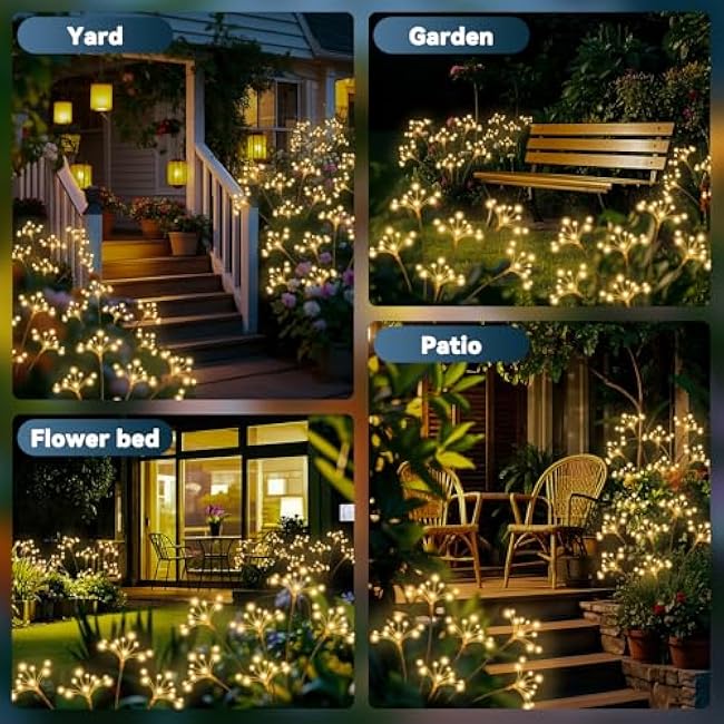 Solar Garden Lights, New Upgraded 2 Pack Solar Swaying Starburst Light, Waterproof Fireworks Outdoor Lights, Yard Patio Pathway Decoration, Warm White