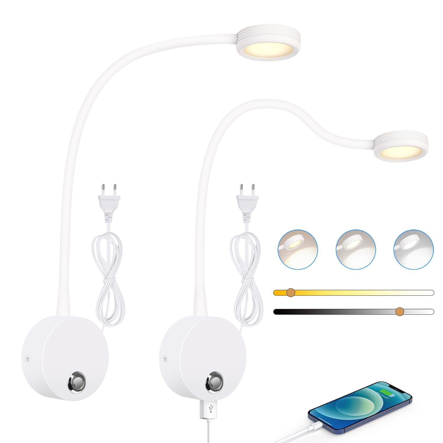 ERWEY 2 Stück LED Leselampe Wandmontage, Wandleuchte mit Touch-Dimmer (3000-6000K), 4W Bettlampe mit 360° Flexiblem Schwanenhals und USB-Ladeanschluss für Bett, Schlafzimmer (Weiß)