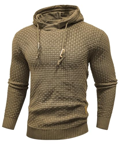 Zaitun Mens Hooded Sweatshirt Long Sleeve Solid Knitted Hoodie Pullover Sweater