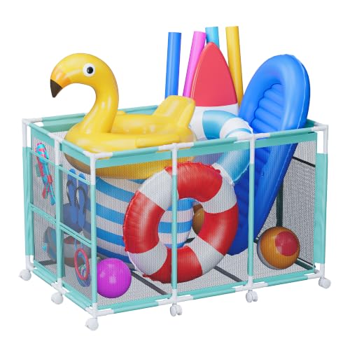 POOLHOUR Pool Float Storage Outdoor Pool Toy Storage Organizer for Pool Noodles Toys Floats Balls and Equipment Mesh Rolling Storage Organizer Bin Cyan