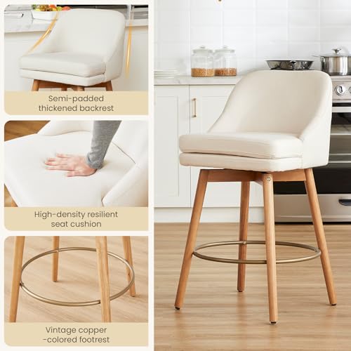 Image of kinmars Modern Bar Stools Set of 2,Swivel Counter Height Bar Stools with Soft Upholstered Back,Thick Seat,Wooden Legs, 27 inch Counter Stools for Kitchen Island (Beige, 2 Pieces - 27 inch Counter Height)