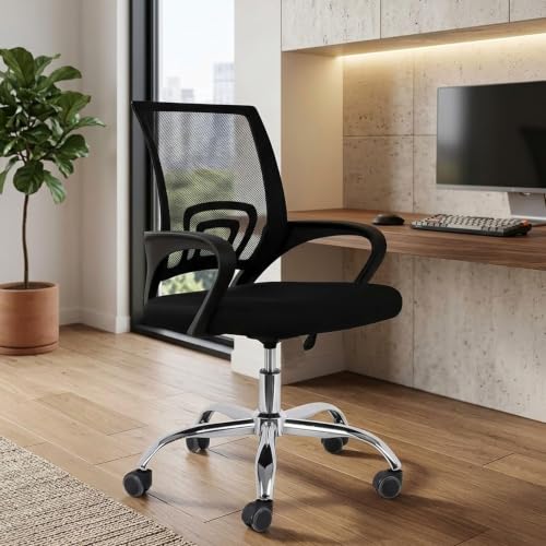 Image of NORMAN JR, Ergonomic Desk Chair Mesh Computer Chair with Lumbar Support Armrest Executive Rolling Swivel Adjustable Mid Back Chair - Black Milange & Black Handle