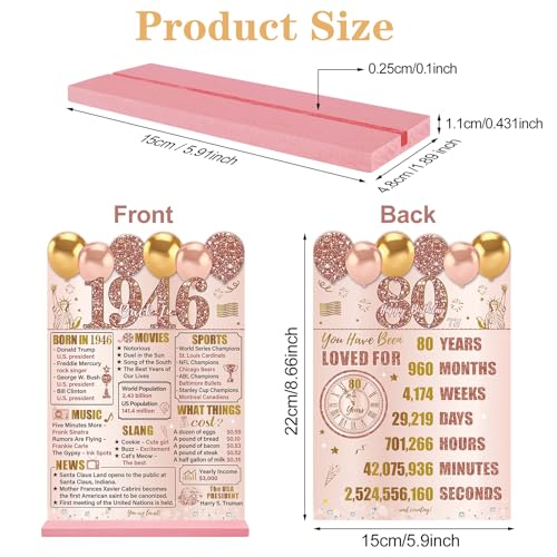 Image of Guiruiy Pink Rose Gold 80th Birthday Decorations for Women, Two-Sided Vintage 80 Back in 1946 Theme Poster Acrylic Table Sign with Stand, Eighty Years Old Bday Centerpieces Holder for Table Decor