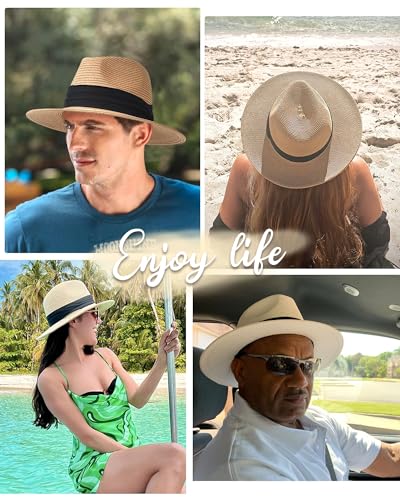 Image of FURTALK Sun Hat Wide Brim Straw Fedora Panama Beach for Men Women | Foldable & Packable for Travel, Breathable Sweatband, Adjustable Chin Strap, Ideal for Summer Boating, Gardening or Holidays