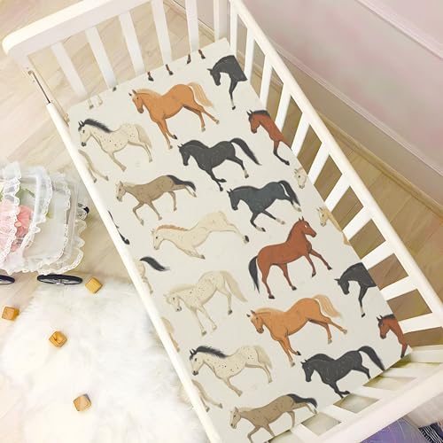Image of Vintage Horse Crib Sheets Soft Breathable Fitted Baby Crib Sheets Mattress Cover for Girls Boys, 52 inch x 28 inch x 9 inch
