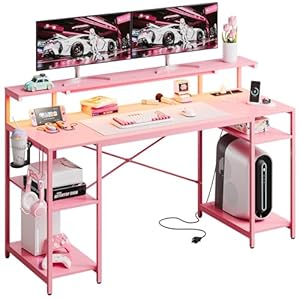 Bestier Computer Desk with Power Outlets & LED Lights, 55 inch Pink Gaming Desk with Monitor Stand & Adjustable Shelves, Home Office Desk with Cup Holder & Hook, Pink 3D Carbon Fiber