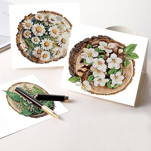 Image of 6 Pack Diamond Painting Greeting Card Kits with Envelopes, 5D Handmade Floral Wooden Slice Cards, DIY Crystal Rhinestone Diamond Art Cards for Christmas, Birthday, Thanksgiving, and Holidays