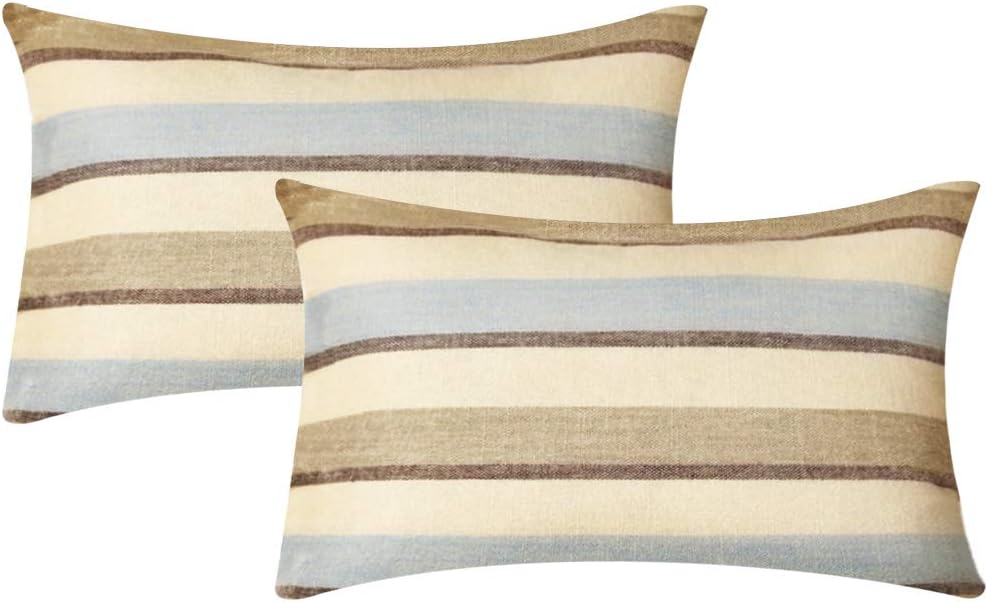 MIULEE Decorative Striped Throw Pillows Covers Classic Retro Linen Modern Farmhouse Pillow Cases for Couch Living Room Sofa Set of 2, 12x20 Inch Blue and Tan