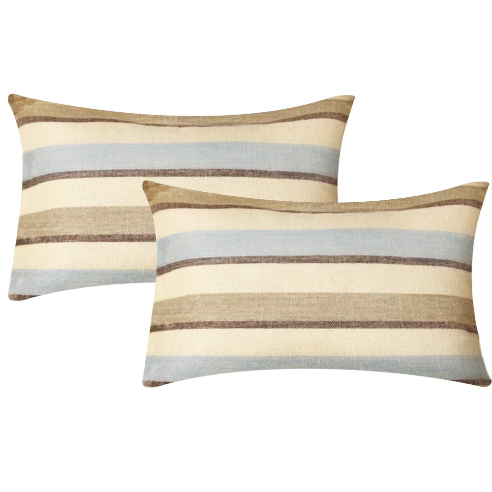 MIULEE Decorative Striped Throw Pillows Covers Classic Retro Linen Modern Farmhouse Pillow Cases for Couch Living Room Sofa Set of 2, 12x20 Inch Blue and Tan