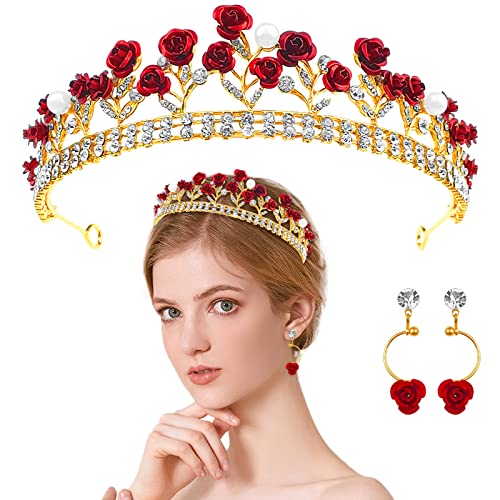 Aswewamt Red Rose Tiaras Bridal Wedding Queen Crowns Gold Flower Baroque Princess Crown Pearls Crystal Gold Headbands Earrings Rose Pendant Flower Jewelry For Women Girls #TOP6