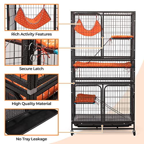 Cat Cages Indoor,4-Tier Ferret Cage, Large Wire Crates with Hammock, Cat Enclosure with 2 Ladders, Cat Kennel with Wheels for Kitten, Guinea Pig, Rabbit, Chinchilla, Black