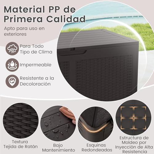 COSTWAY Baul Almacenaje Exterior 380L, Arcon Jardin Exterior de Resina, Impermeable con Tapa Bloqueable, Armario Resina con 2 Ruedas, Terraza, 111 x 56 x 61 cm (marrón) - imagen 2
