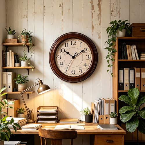 Image of KECYET Wall Clock, 9 Inch Silent Battery Operated Non-Ticking Wall Clock Classic Decorative for Living Room, Kitchen,Office, Bedrooms(Brown)