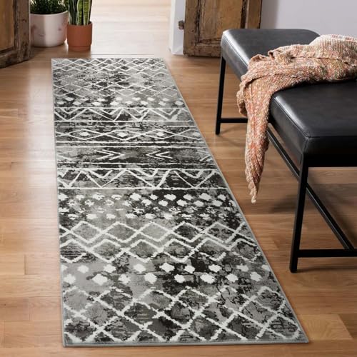 Carvapet Alfombras de Pasillo 60x210cm Alfombra Corredor Antideslizante Larga Alfombras de área Lavable Suave Microfibra Geométrico Tribal Alfombra Comedor Pasillo(Negro)