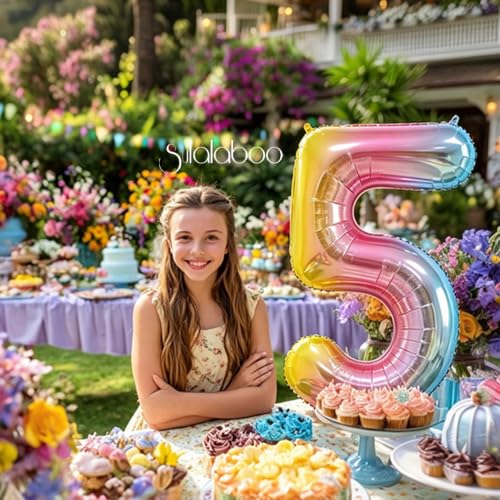 Image of Rainbow Gradient Number 5 Balloon 40 Inch Big Large Balloons 0-9 | 5th Helium Foil Mylar Number Balloons for Birthday Anniversary Party Decorations