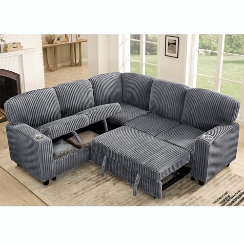Image of KEIKI 81 inch L-Shaped Oversized Corduroy Modular Sectional Sleeper Sofa with Pull-Out Bed, Storage Seat, Modern 5-Seater Upholstered Couch Bed with Charging Station, Easy Assembly, for Living Room, Grey