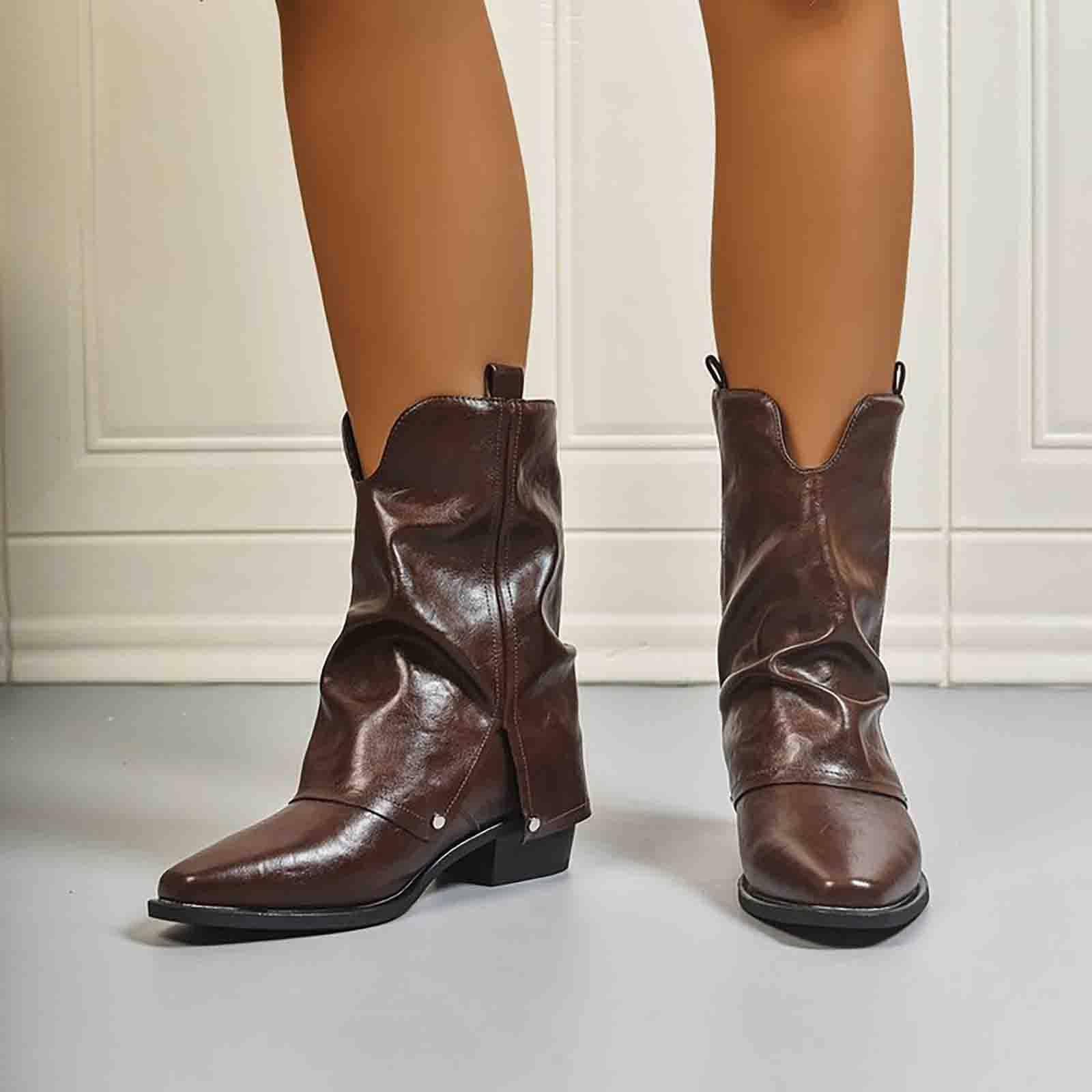 FGUUTYM Bottes de western - Bottes de cowboy - En cuir - Avec talon bloc - Bottines pour femme - Avec talon pointu - Tige courte - En cuir - Pliable - Pour costume traditionnel traditionnel