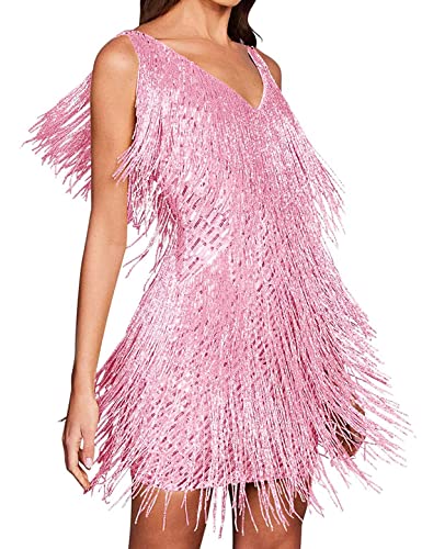 Madam Uniq Robe à franges pour femme style années 1920 - Style formel - Pour concert, fête, club, bal de fin d'année, danse, c-pink, Taille L Madam Uniq Robe à franges pour femme style années 1920 - Style formel - Pour concert, fête, club, bal de fin d'année, danse, c-pink, Taille L