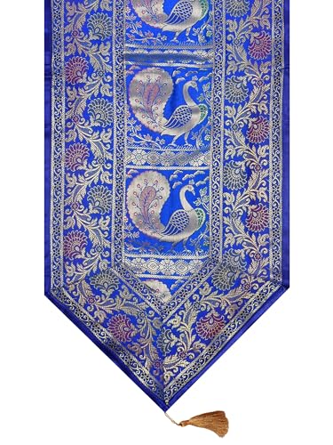 Image of Banarasi Brocade Zari Silk Table Runner Dinning & Centre Table Runner 177 By 30 CM (Blue, Peacock)