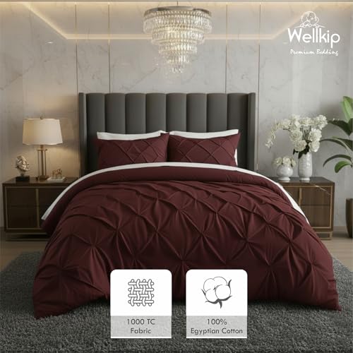 Image of Pinch Pleated Duvet Cover Set 1000TC 100% Cotton Premium 3-Pieces 1-Duvet Cover & 2-Pillow Cover Luxury Look Home and Hotel Zipper & 8-Tie Closure (Burgundy, Super King 100 X 108 Inch)