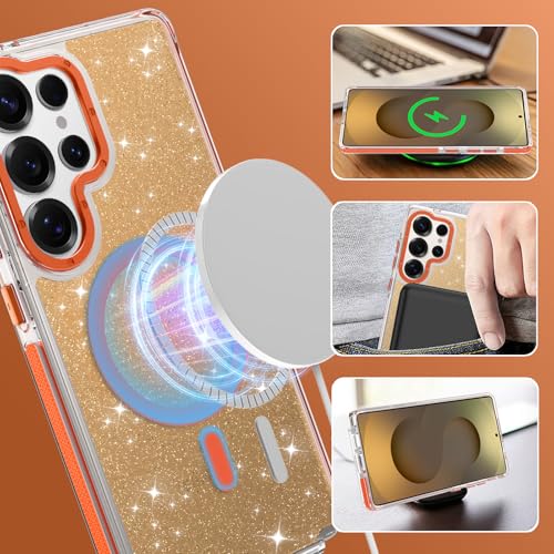 Image of Magnetic Case for Samsung Galaxy S25 Ultra [Compatible with Magsafe] [Bling Glitter Fluorescent Design] [1 Screen Protector] Slim Translucent Matte Case for Galaxy S25 Ultra 6.9 inch, Orange