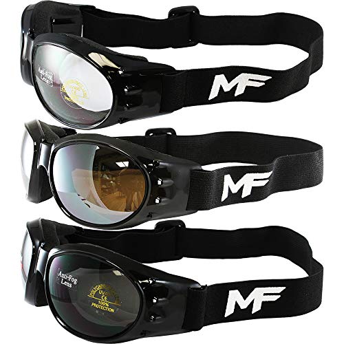 MotoFrames MF Vulcan Padded Motorcycle Goggles 3 Pair Black Frames w/Clear, Driving Mirror & Smoke Lenses