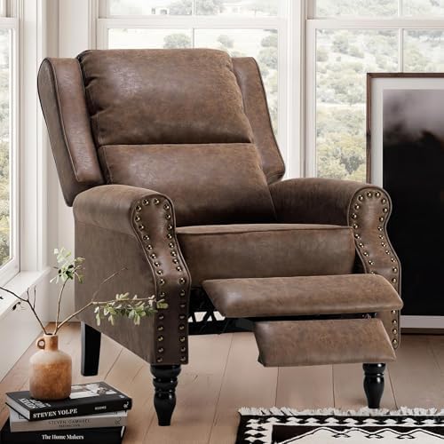 Image of Leather Recliner Chair, Pushback Recliner Chair with Adjustable Backrest Footrest, Mid Modern Reclining with Overstuffed Arms Lumbar Support for Reading, Living Room, Coffee Brown