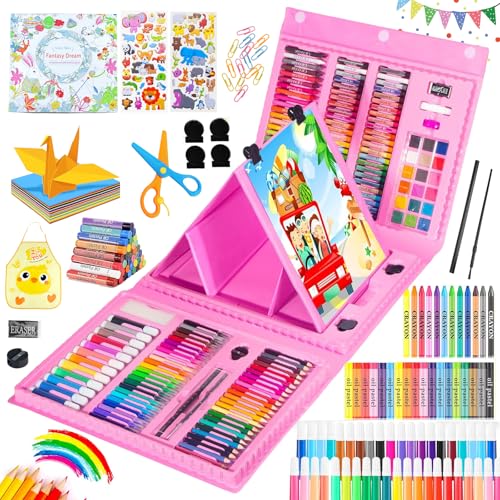 Art Supplies,297 Pack Art Set Drawing Kit for Girls Boys Artist, Deluxe Gift Art Box with Trifold Easel,Includes Oil Pastels, Crayons, Colored Pencils, Coloring Book, Scissors, Origami Paper 40 Sheets