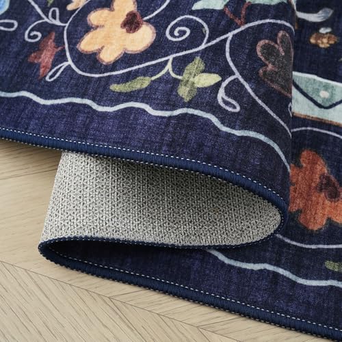 Living Room Rug 5x7 Rug Machine Washable Boho Area Rug Non Slip Floral Animal Cat Vintage Low Pile Large Rugs for Living Room Bedroom Farmhouse Dining Room Kids Playroom, Cobalt Blue