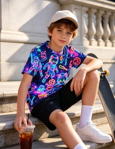 Neon Boys T Shirts Glow in the Dark Shirt for Boys Cat Boy Graphic Tees Tops Funny 4T 5T Space Galaxy Toddler Animal Summer Size 4 5 Short Sleeve Kids Wacky Tacky Clothes Glow Party Planet Outfit — view 3