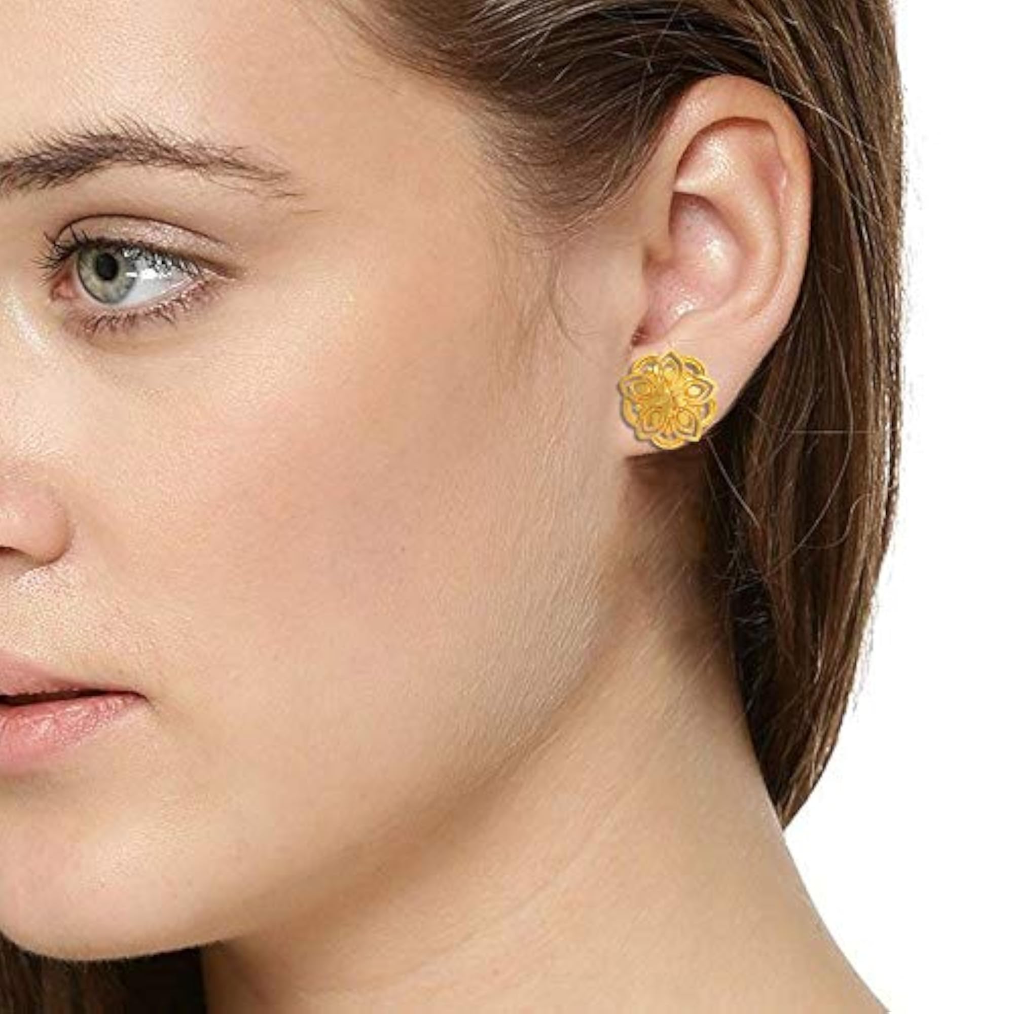 Women Traditional Gold Plated Brass Flower Shape Handmade Stud Earring