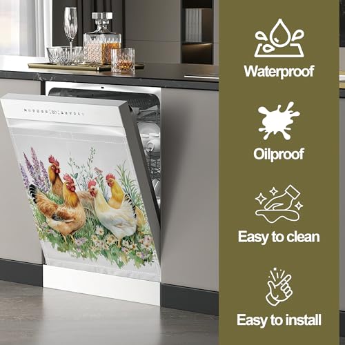 Image of Magnetic Dishwasher Cover,Chicken Rooster Grass Reusable Dishwasher Magnetic Cover Decorative Door Covers Panel for Home Kitcen 23 inch x 26 inch