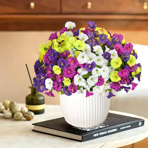 12 Bundles Artificial Flowers Outdoor UV Resistant Fake Flowers Realistic No Fade Faux Silk Morning Glory Plastic Eucalyptus Leaf Garden Porch Yard Vase DIY Indoor Decor (Mix Color image 2