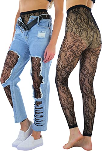 Image of ToBeInStyle Women's Single Floral Lace Fishnet Tights Footless & Stirrup Design