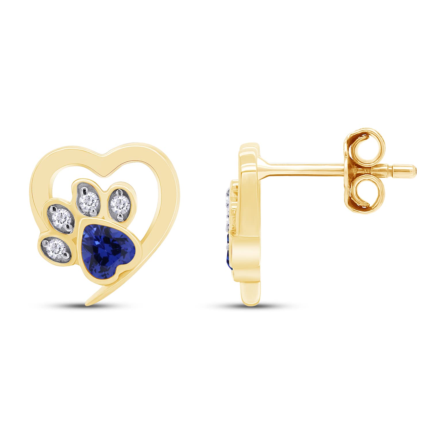 Cat Paw Print Heart Stud Earrings for Women Center 3MM Simulated Birthstone with White CZ Gemstone Studs in 14K Gold Plated 925 Sterling Silver