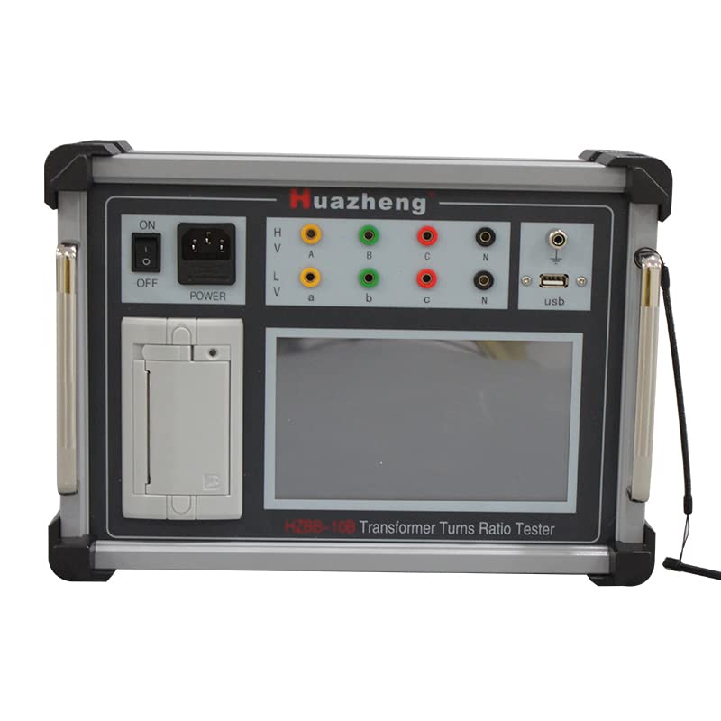 Front view of the Huazheng HZBB-10B Transformer Turns Ratio Tester, showing the control panel, touch screen, power switch, and input/output terminals.