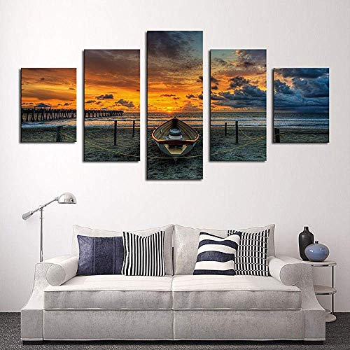 Pintura de puesta de sol en 5 paneles para ganar amplitud visual en el dormitorio 4